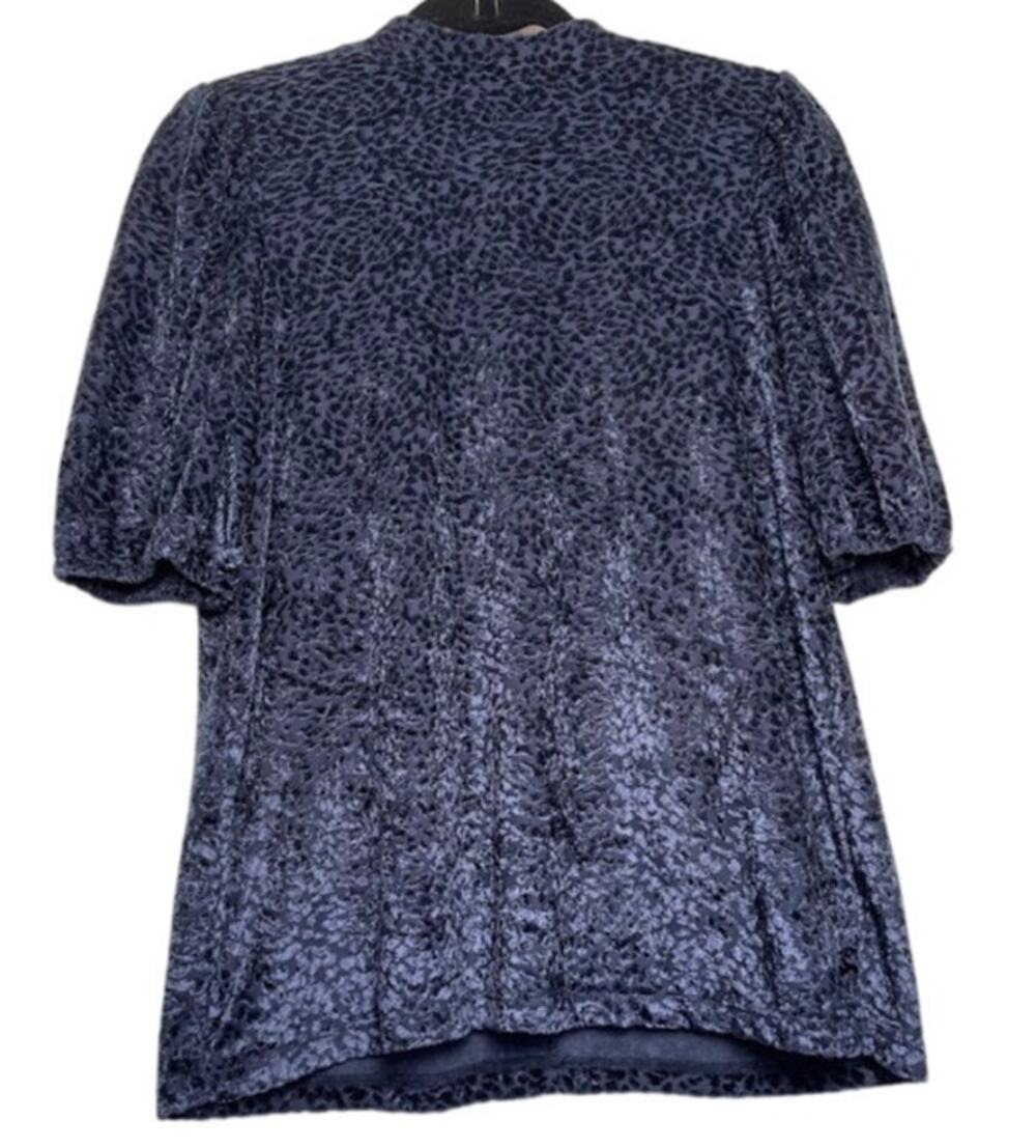 Ann Taylor Velvet Burnout Blouse Womens Size M Navy Mock Neck‎ Puff Sleeve Top